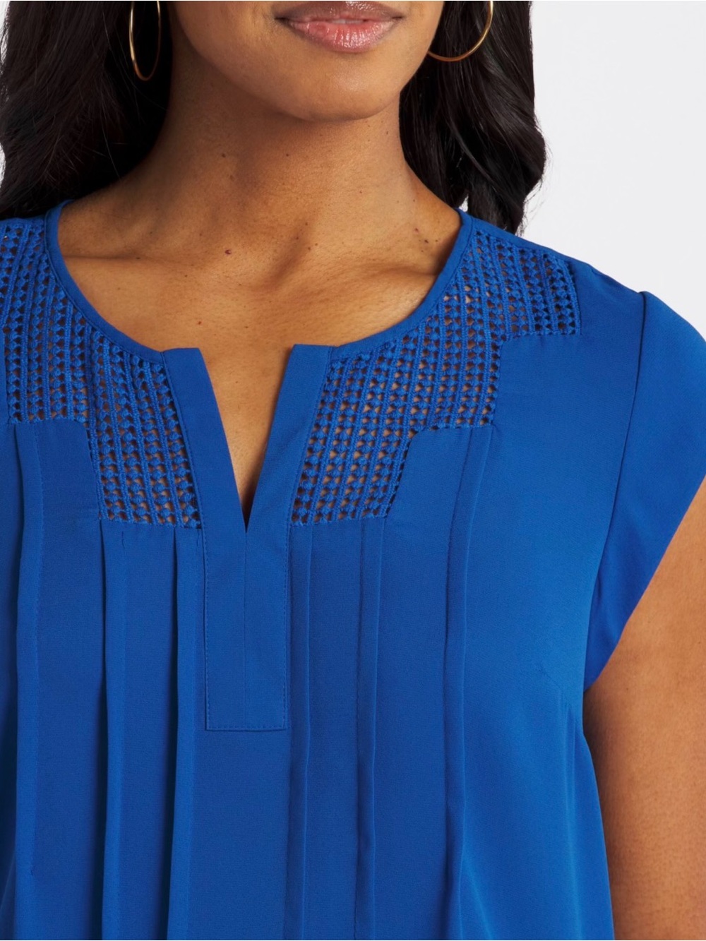 Daniel Rainn Royal Blue Crochet Yoke Cap Sleeve Blouse